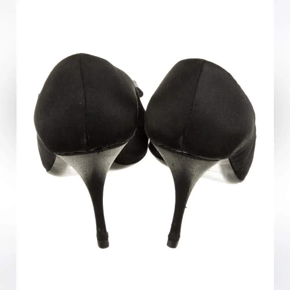 PRADA Black Peau de Soie Peep Toe Heels with Grosgrain Bows Size 6
